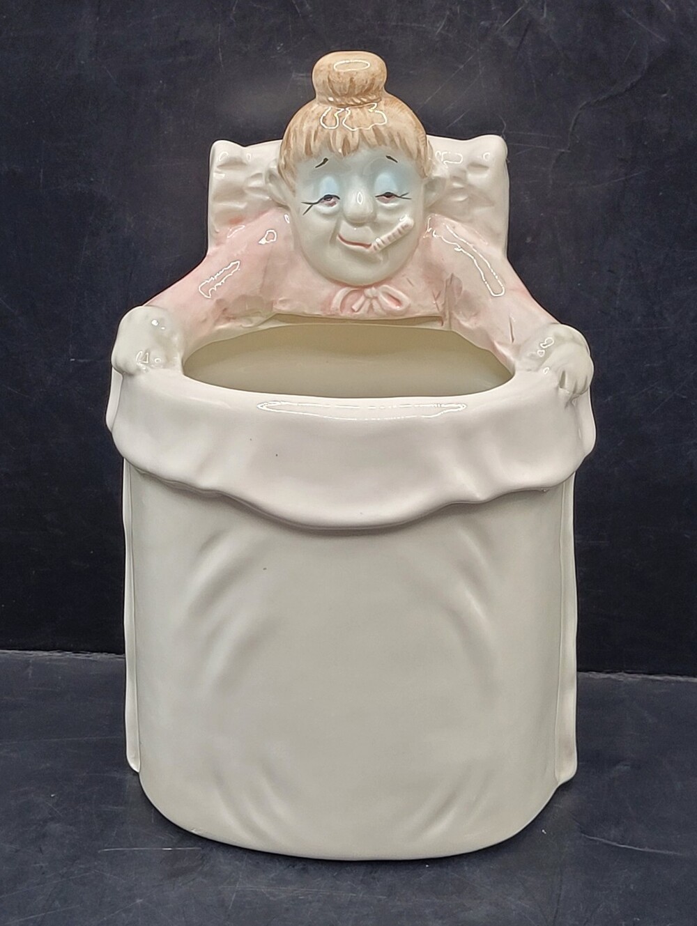 Vintage Fitz And Floyd Omnibus Ceramic Planter Sick Woman in Bed Vase 6.5"